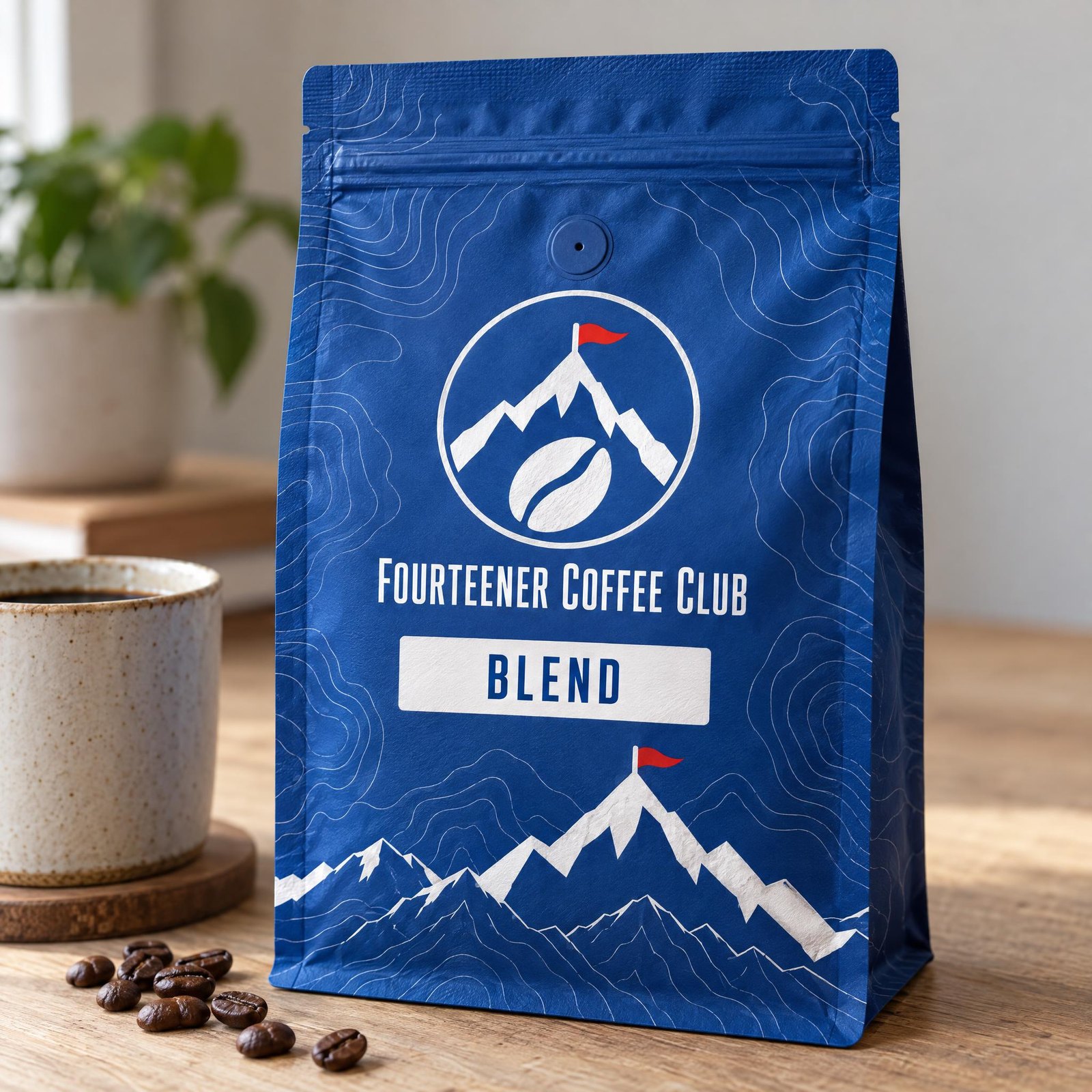 A bag of blend coffee on a table