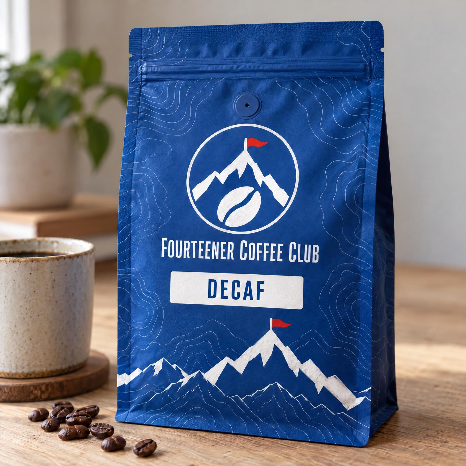 A bag of decaf coffee on a table